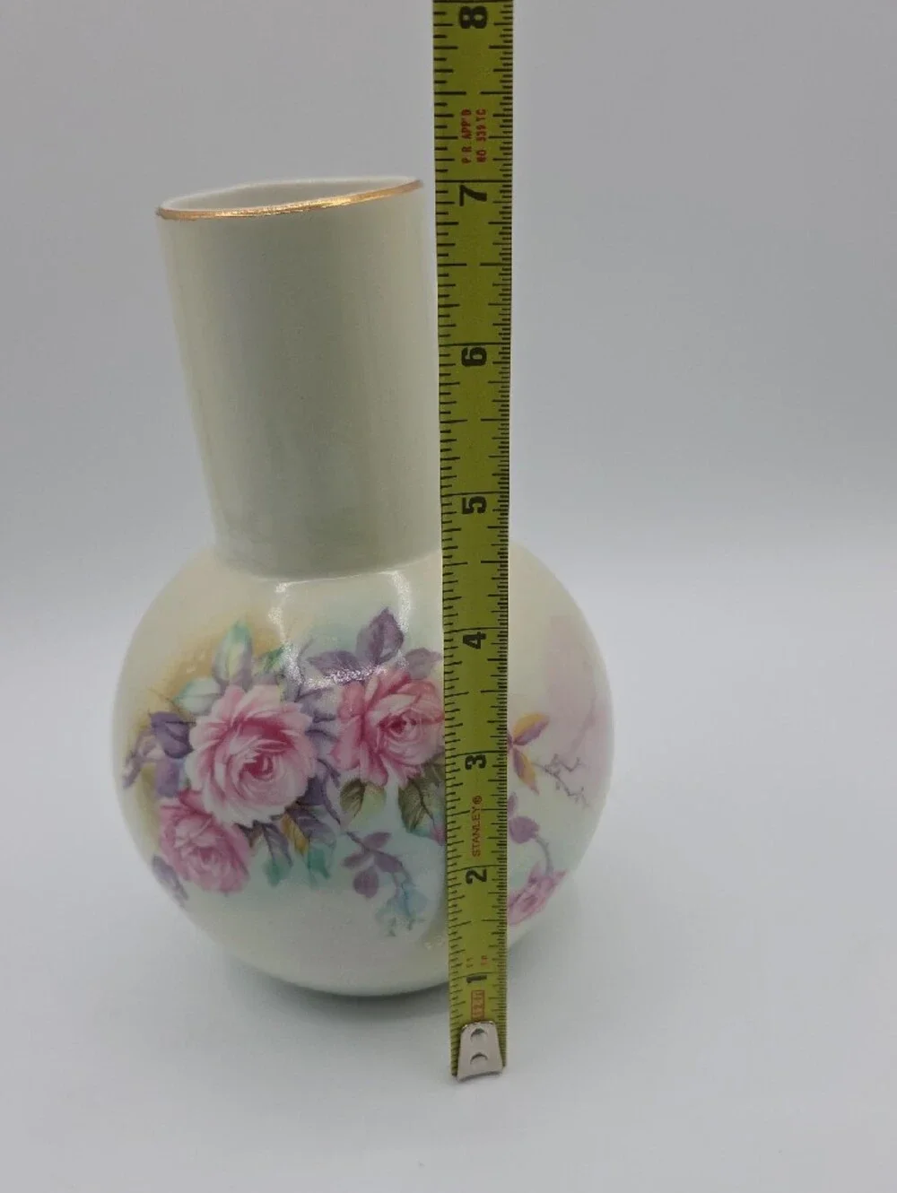 Cream Porcelain Vase with Pink Rose Motif and Gold Rim